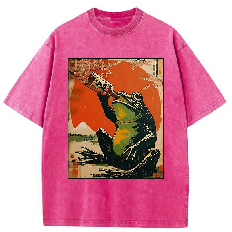 Tokyo-Tiger Frog Drinking Beer Washed T-Shirt