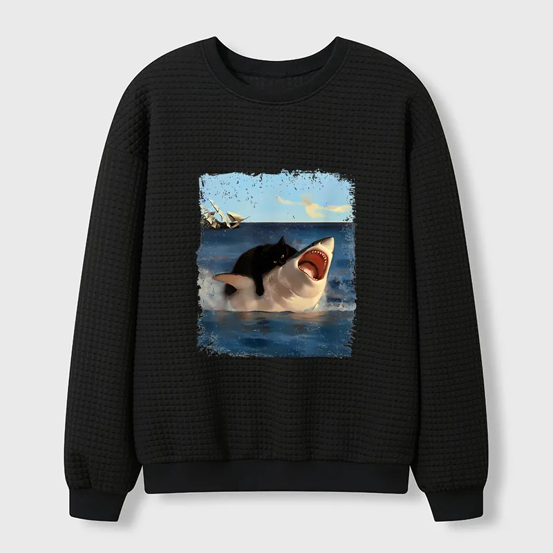 Tokyo-Tiger Cat Bites Shark Waffle Sweatshirt