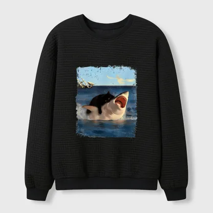 Tokyo-Tiger Cat Bites Shark Waffle Sweatshirt