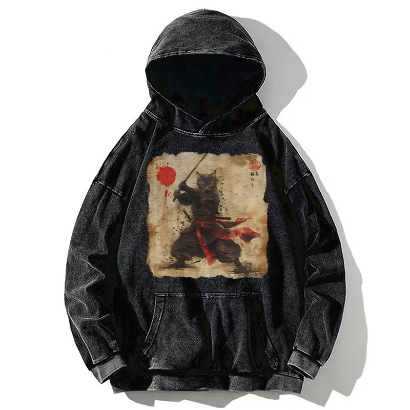 Tokyo-Tiger Retro Japanese Samurai Cat Washed Hoodie