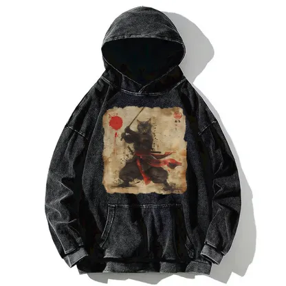 Tokyo-Tiger Retro Japanese Samurai Cat Washed Hoodie