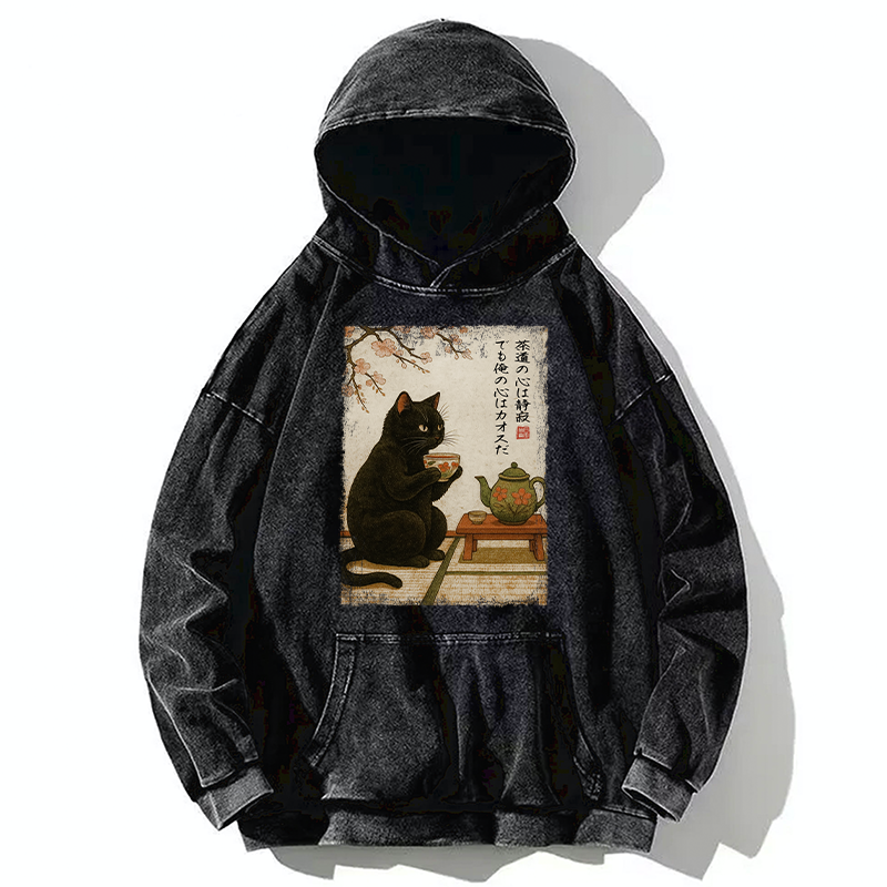 Tokyo-Tiger Tea Time With A Black Cat Washed Hoodie