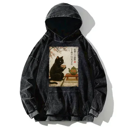 Tokyo-Tiger Tea Time With A Black Cat Washed Hoodie