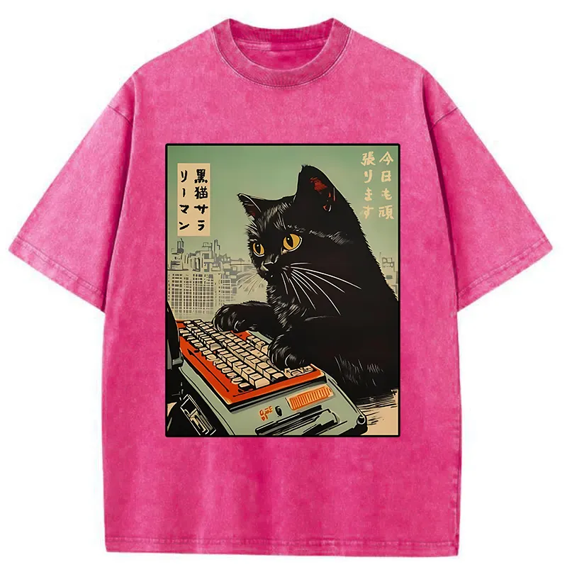 Tokyo-Tiger Cat Typing Washed T-Shirt