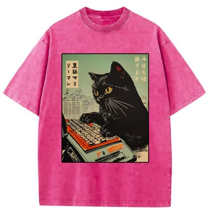Tokyo-Tiger Cat Typing Washed T-Shirt