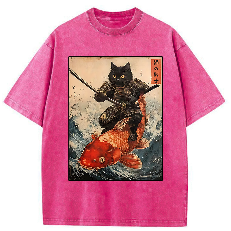 Tokyo-Tiger Cat Samurai Rides Koi Carp Washed T-Shirt