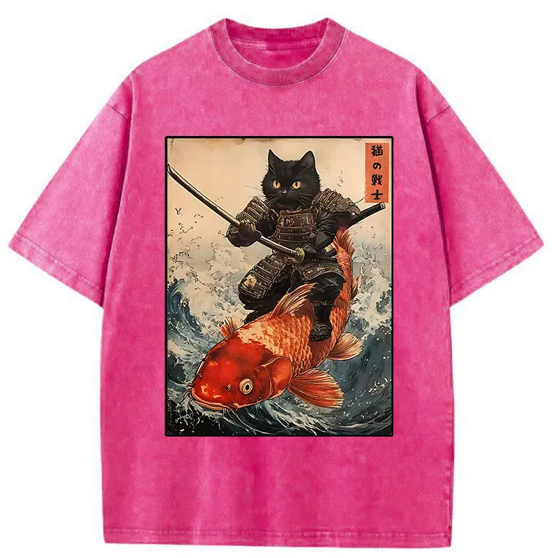 Tokyo-Tiger Cat Samurai Rides Koi Carp Washed T-Shirt
