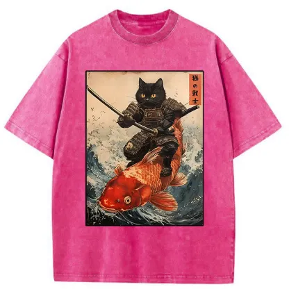Tokyo-Tiger Cat Samurai Rides Koi Carp Washed T-Shirt