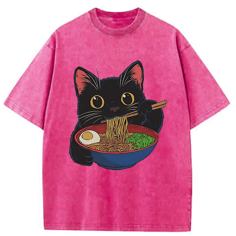 Tokyo-Tiger Black Cat Ate Japan Ramen Washed T-Shirt