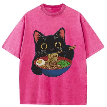 Tokyo-Tiger Black Cat Ate Japan Ramen Washed T-Shirt