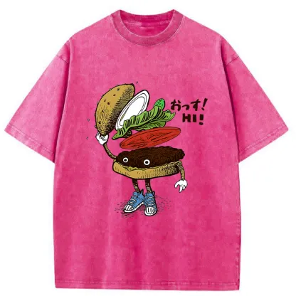 Tokyo-Tiger Hamburger That Says Hello Washed T-Shirt