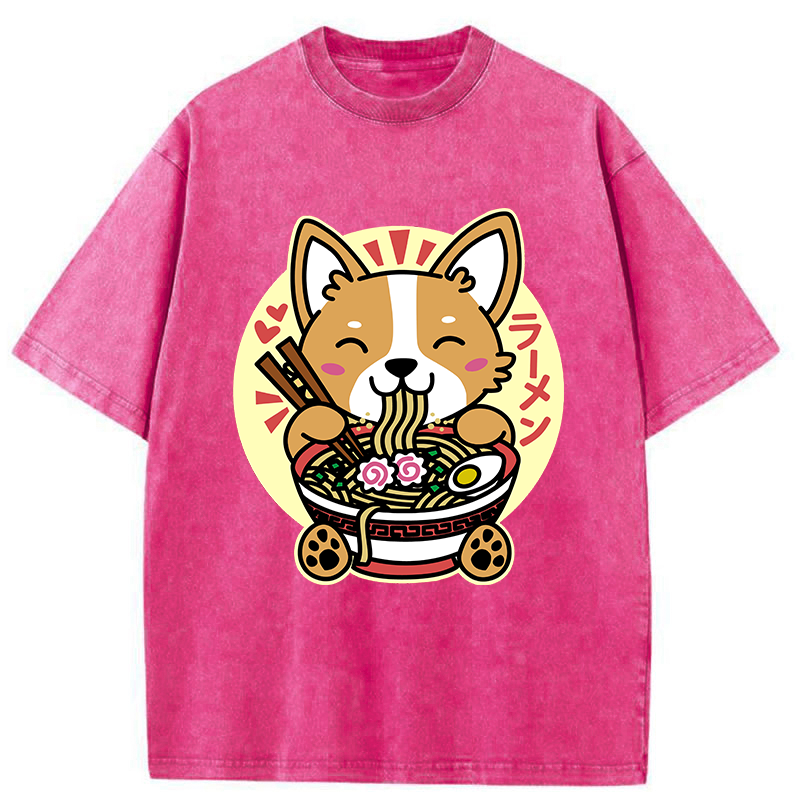 Tokyo-Tiger Corgi Eats Ramen Washed T-Shirt