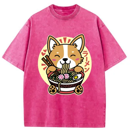 Tokyo-Tiger Corgi Eats Ramen Washed T-Shirt