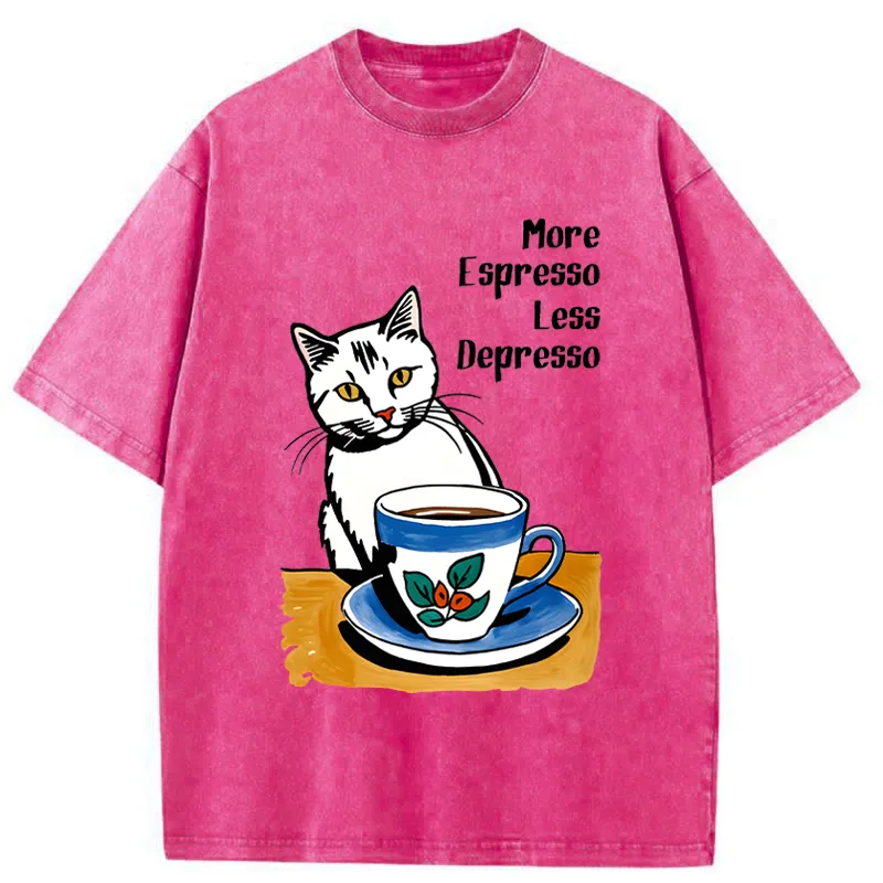 Tokyo-Tiger Cute Cat Drinking Coffee Washed T-Shirt