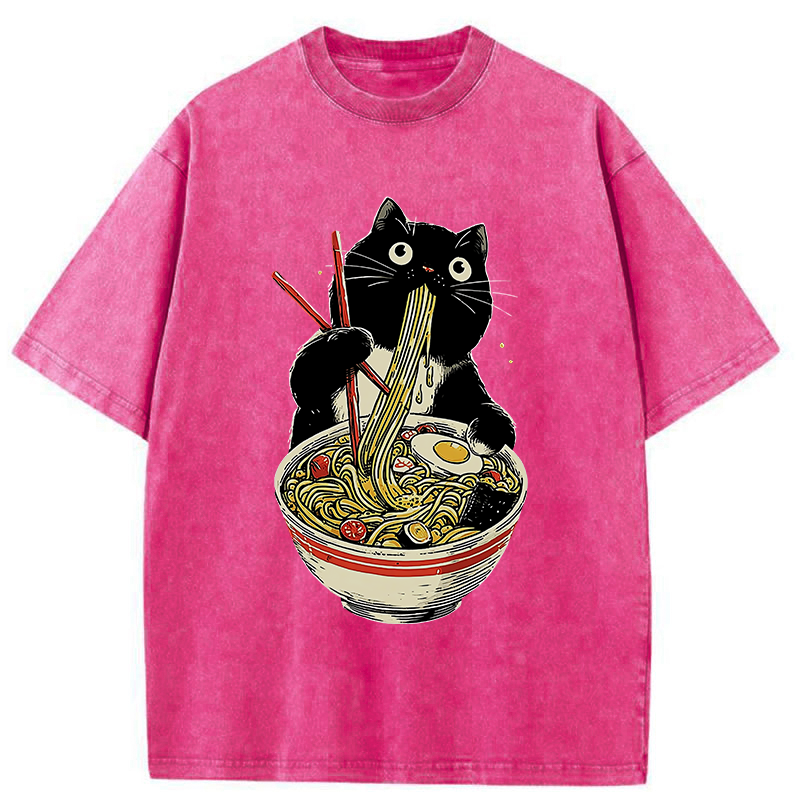 Tokyo-Tiger Black Cat Eats Ramen Japanese Washed T-Shirt