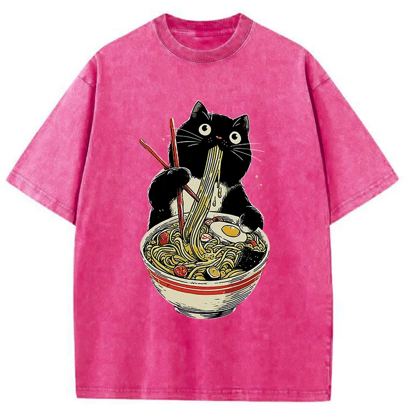 Tokyo-Tiger Black Cat Eats Ramen Japanese Washed T-Shirt