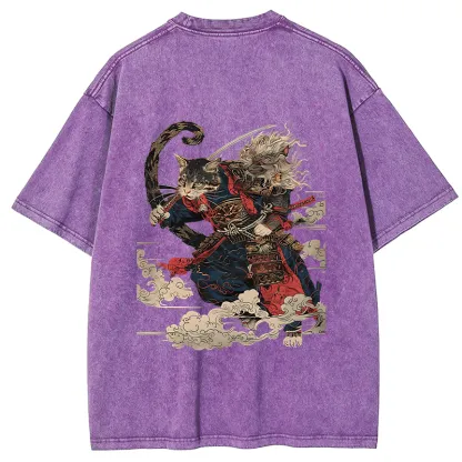 Tokyo-Tiger Gorgeous Samurai Cat Washed T-Shirt