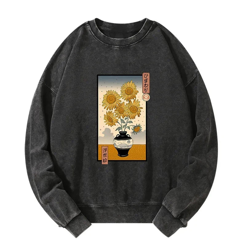 Tokyo-Tiger Sunflowers Ukiyo-e Washed Sweatshirt