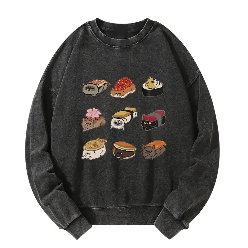Tokyo-Tiger Cute Cat Sushi Washed Sweatshirt