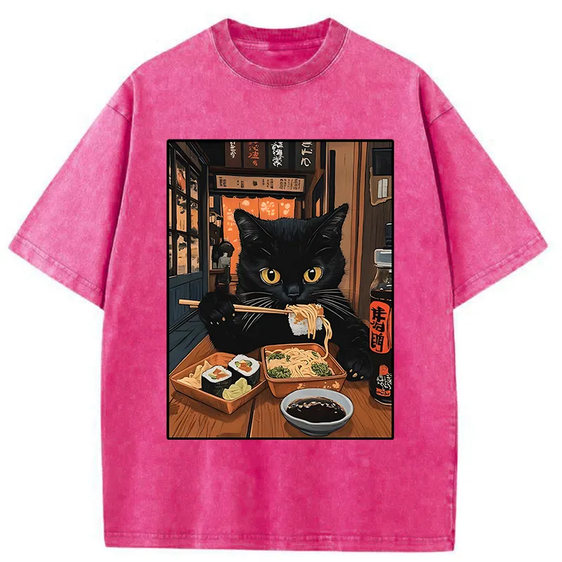 Tokyo-Tiger Black Cat Eating At Sushi Restaurant Washed T-Shirt