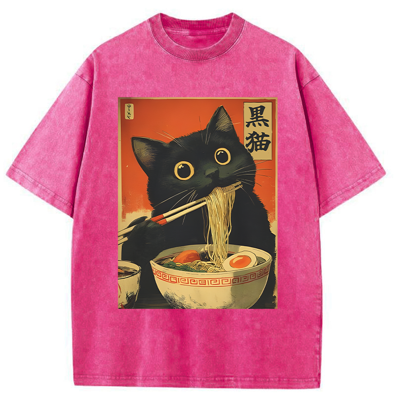 Tokyo-Tiger Black Cat Eats Japanese Ramen Retro Washed T-Shirt