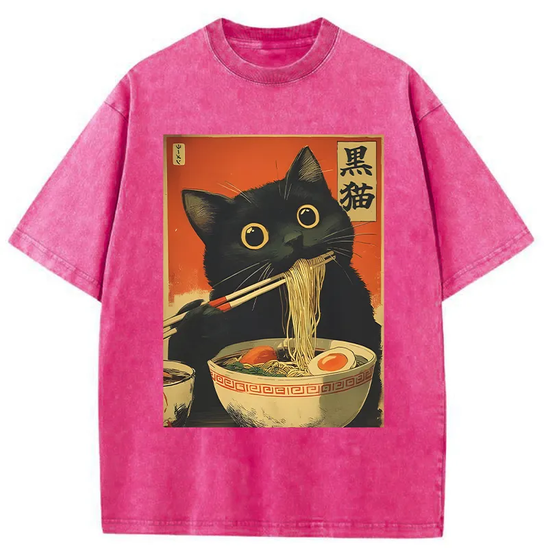 Tokyo-Tiger Black Cat Eats Japanese Ramen Retro Washed T-Shirt