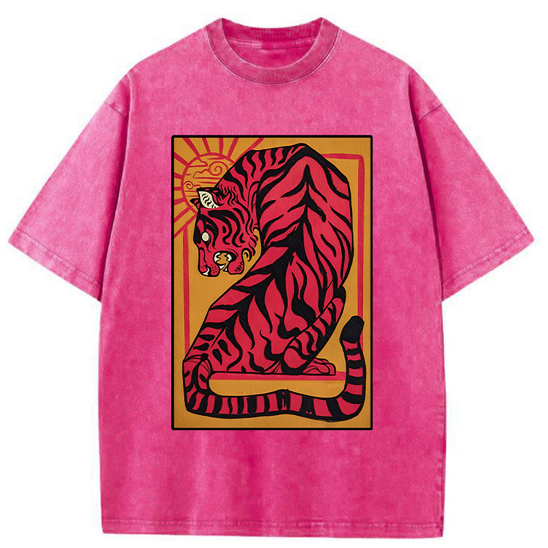 Tokyo-Tiger Powerful Tiger Woodcut Print Washed T-Shirt