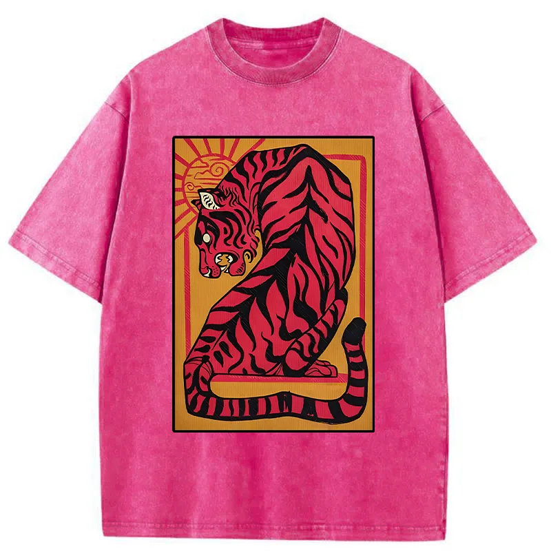 Tokyo-Tiger Powerful Tiger Woodcut Print Washed T-Shirt