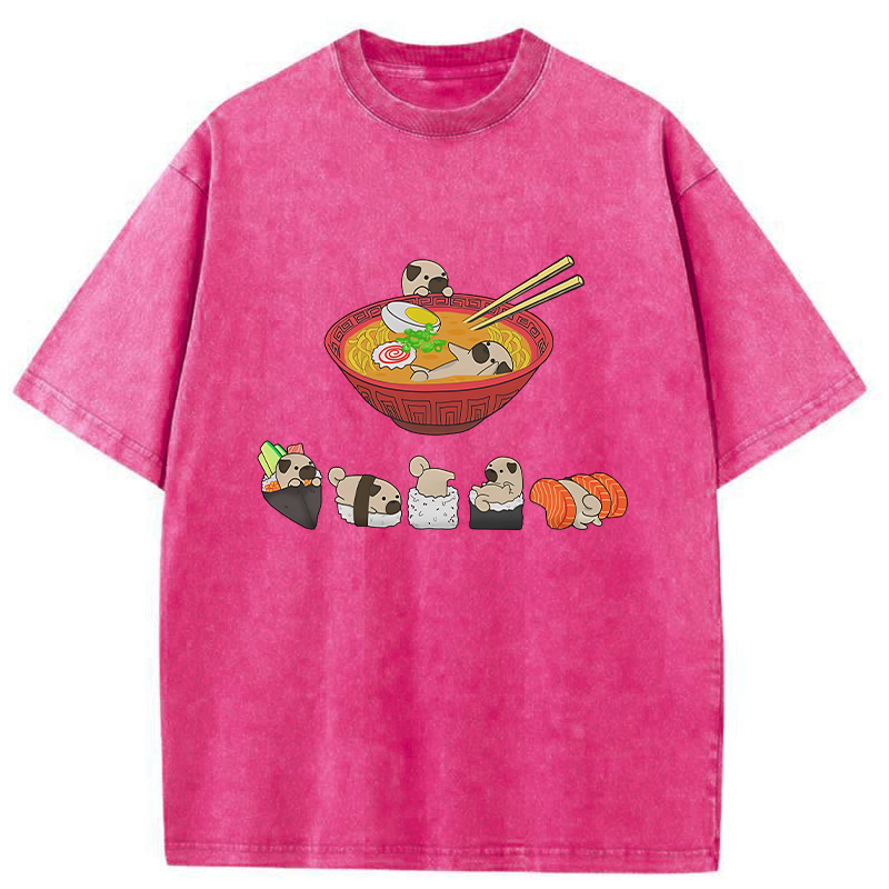Tokyo-Tiger Pug Dog And Japanese Foods Washed T-Shirt