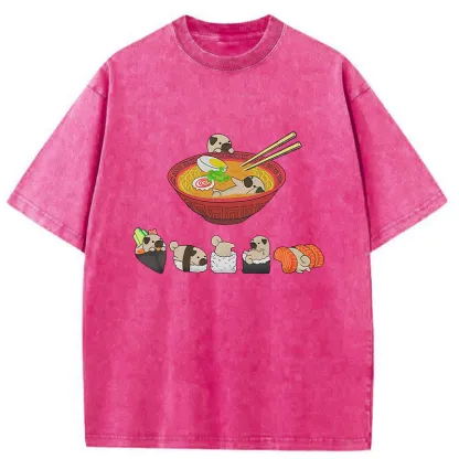 Tokyo-Tiger Pug Dog And Japanese Foods Washed T-Shirt