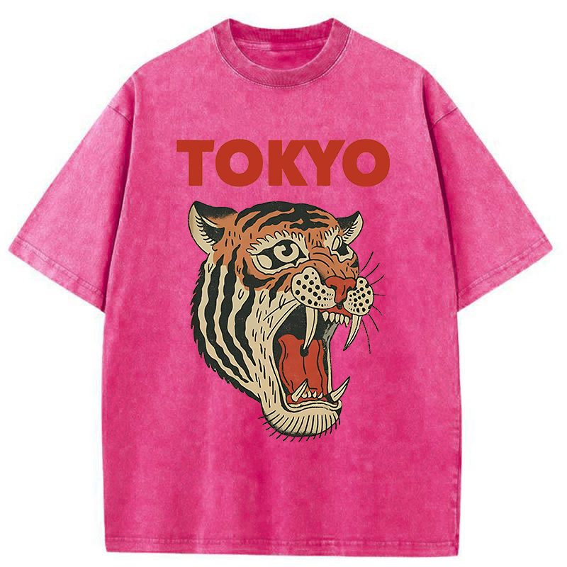 Tokyo-Tiger Retro Ukiyo-e Tiger Washed T-Shirt