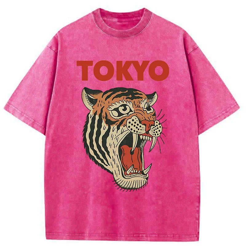 Tokyo-Tiger Retro Ukiyo-e Tiger Washed T-Shirt