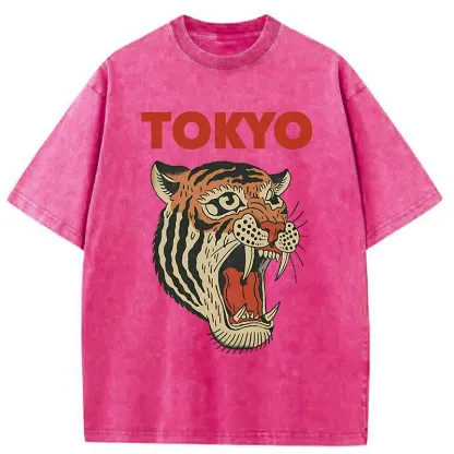 Tokyo-Tiger Retro Ukiyo-e Tiger Washed T-Shirt