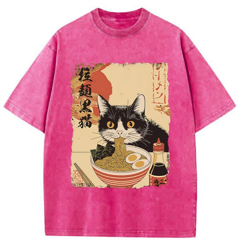Tokyo-Tiger Black Cat Eats Ramen Japan Retro Washed T-Shirt