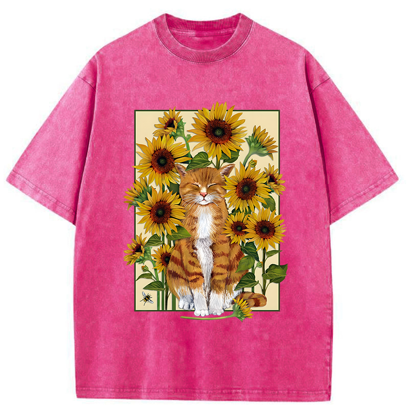 Tokyo-Tiger Sunflower And Orange Cat Washed T-Shirt