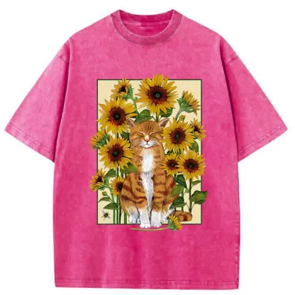 Tokyo-Tiger Sunflower And Orange Cat Washed T-Shirt