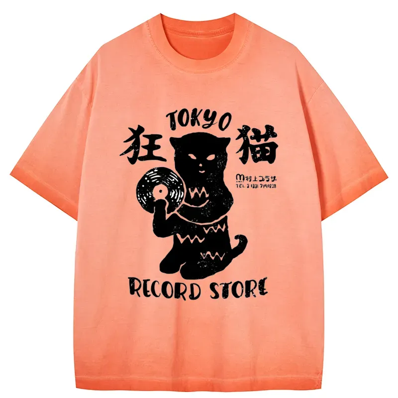Tokyo-Tiger Tokyo Record Store Cat CD Gradient Washed T-Shirt