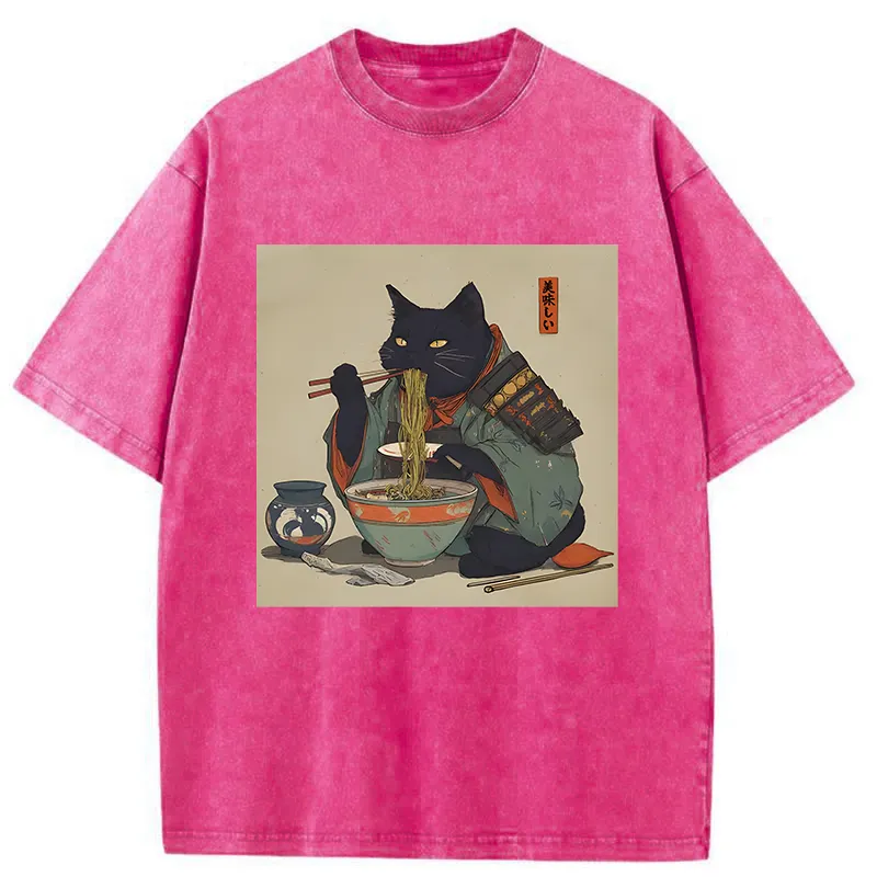 Tokyo-Tiger Cat Warrior Eating Ramen Washed T-Shirt