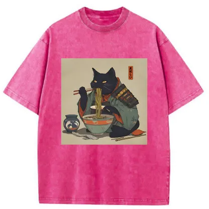 Tokyo-Tiger Cat Warrior Eating Ramen Washed T-Shirt