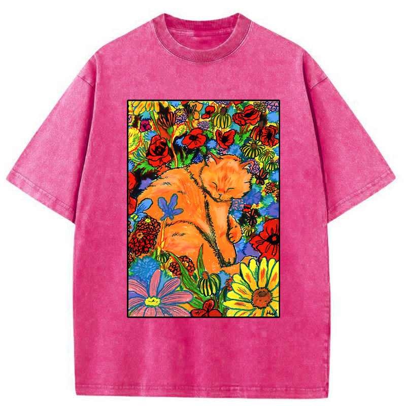 Tokyo-Tiger Colorful Orange Cats And Flowers Washed T-Shirt