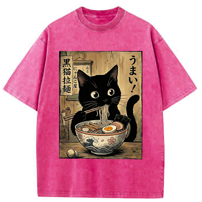 Tokyo-Tiger Black Cat Eats Delicious Japanese Ramen Washed T-Shirt
