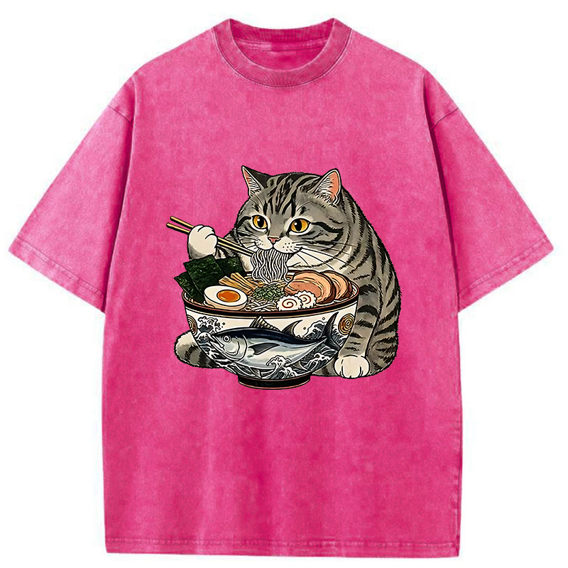 Tokyo-Tiger Fat Cat Eats Delicious Japanese Ramen Washed T-Shirt