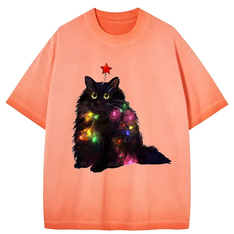 Tokyo-Tiger Christmas Lights Cat Gradient Washed T-Shirt