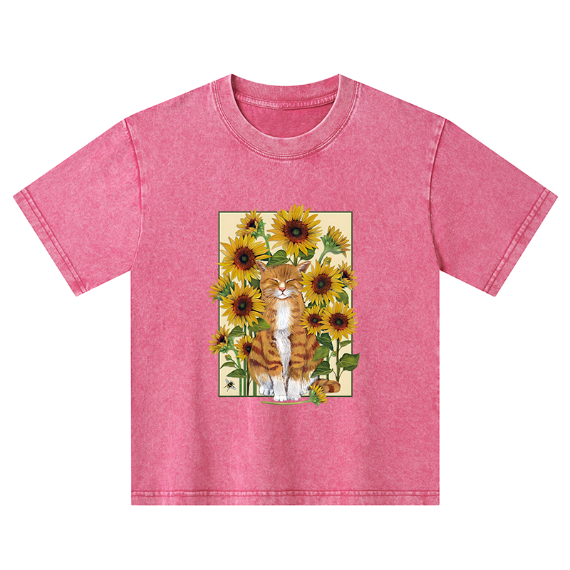 Tokyo-Tiger Sunflower And Orange Cat Kids Washed T-Shirt