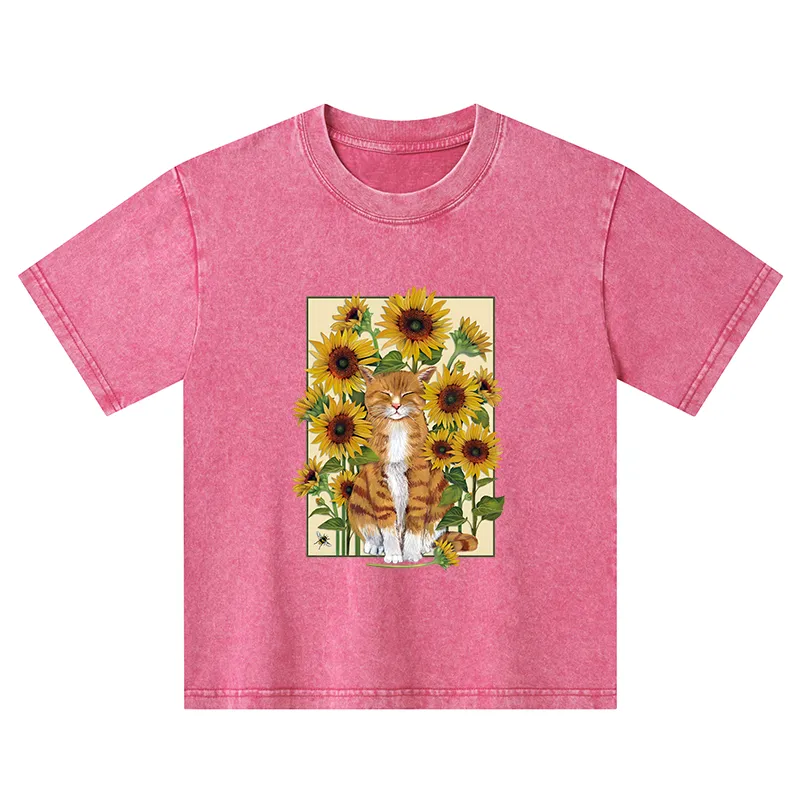Tokyo-Tiger Sunflower And Orange Cat Kids Washed T-Shirt
