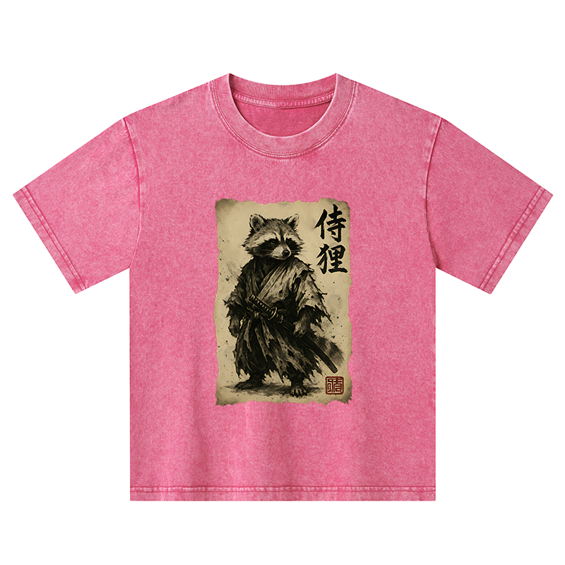 Tokyo-Tiger Retro Raccoon Samurai Kids Washed T-Shirt
