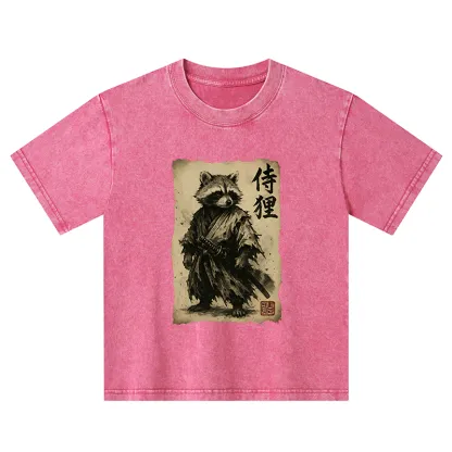 Tokyo-Tiger Retro Raccoon Samurai Kids Washed T-Shirt