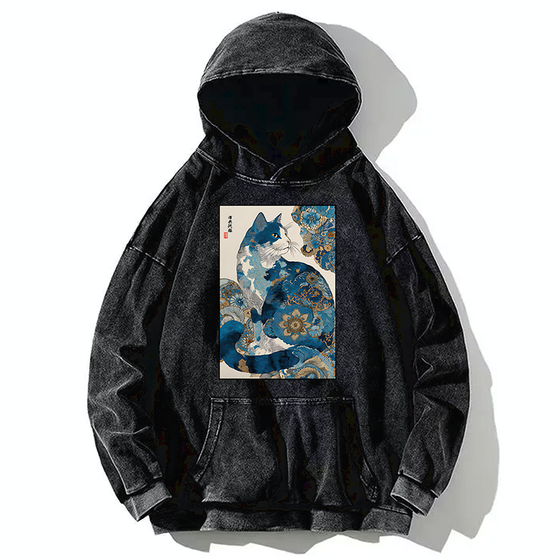 Tokyo-Tiger Japanese Ukiyo-e Flowers Cat Washed Hoodie