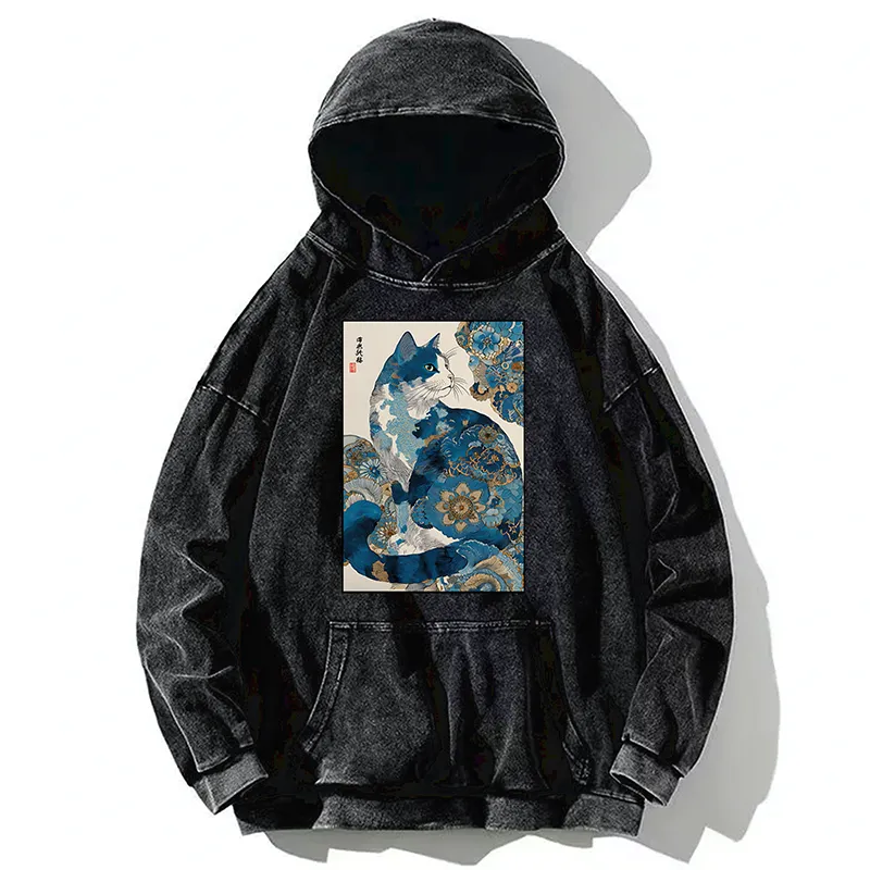 Tokyo-Tiger Japanese Ukiyo-e Flowers Cat Washed Hoodie
