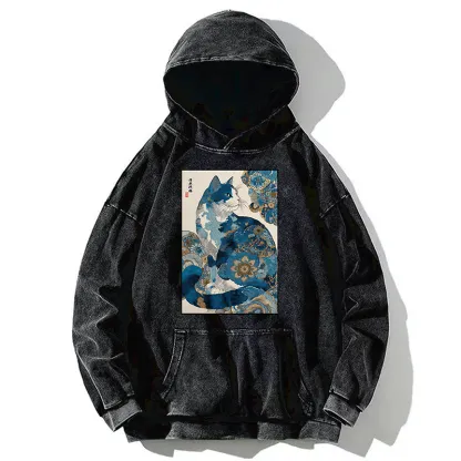 Tokyo-Tiger Japanese Ukiyo-e Flowers Cat Washed Hoodie